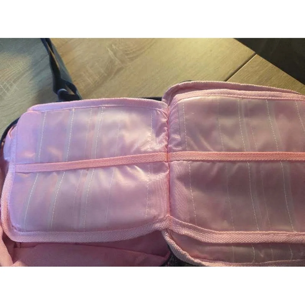 Pink Canvas Travel Organizer Bag Shoulder Strap Multi Pocket Utility Case